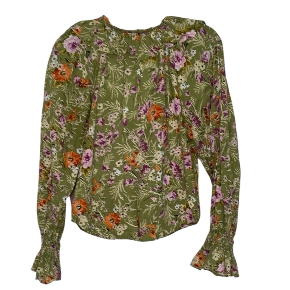 Anthropologie Gorgeous Green Floral Blouse with Tie Front, Ruffles, Bell Cuffs - Picture 3 of 9